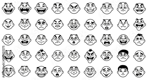 Collection of diverse cartoon faces expressing various emotions and moods isolated on