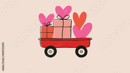 Playful illustration of a red toy wagon filled with gifts and pink hearts on a beige background