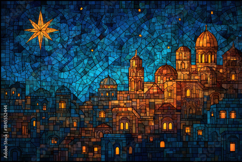 Star of Bethlehem illuminates silent rooftops in a vibrant stained glass scene filled with deep blues and warm golds