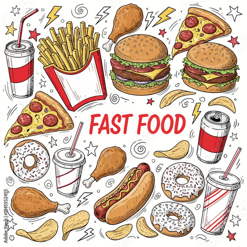 Assorted fast food items including burgers, fries, pizza, and drinks