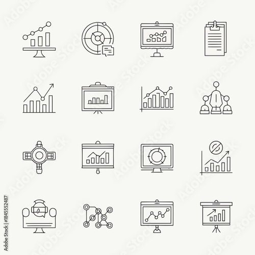 Set of icons representing business analytics, data visualization, and financial reports