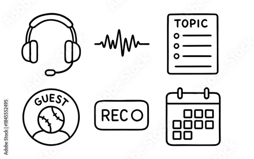 Set of icons for podcasting and content creation, including headphones, waveform, and calendar