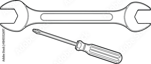 Outlined Spanner and Slotted Screwdriver Hand Tools on White Background, Mechanic Essentials