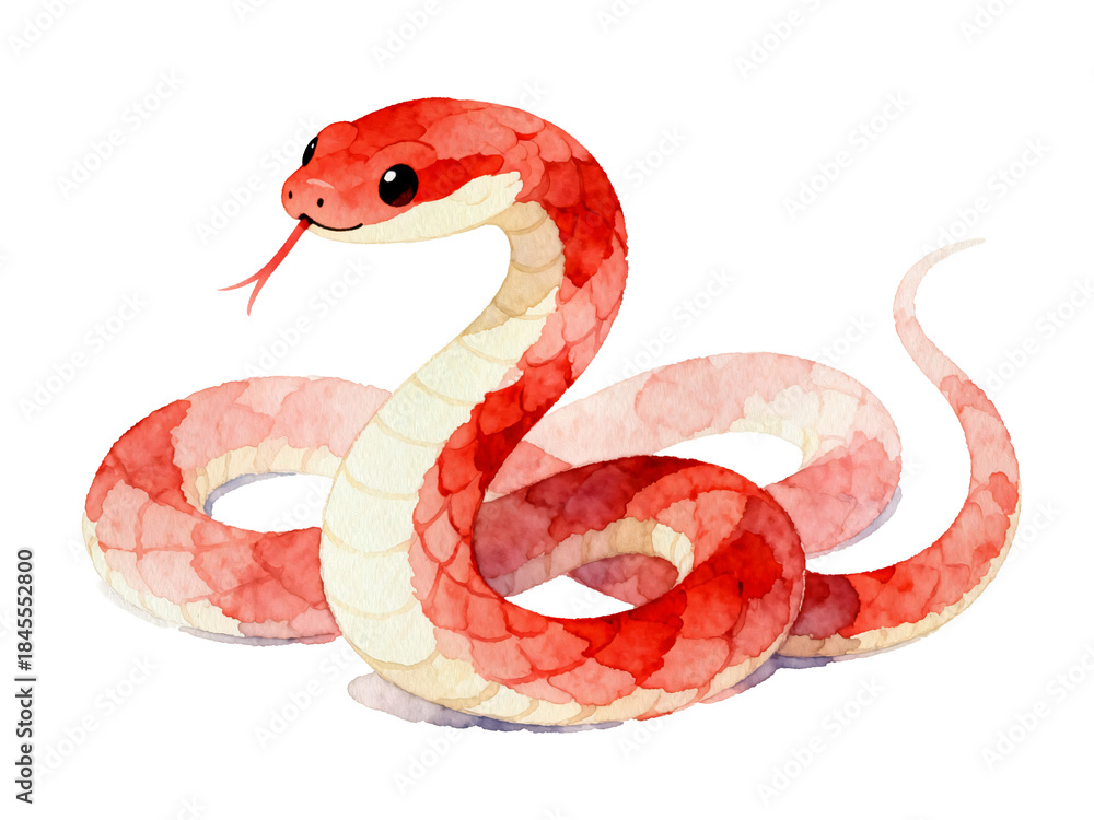 Fototapeta premium Serpent in Watercolor: A vibrant watercolor illustration of a charming snake, displaying vivid red and pink hues, poised in a delicate pose. 
