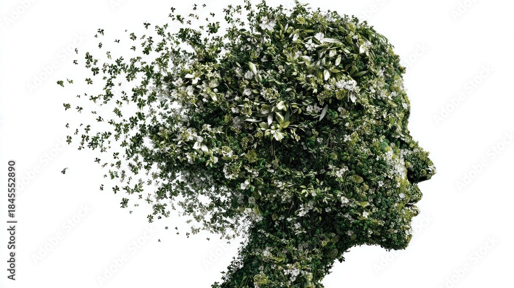 Fototapeta premium A green and white floral head silhouette against a white background.