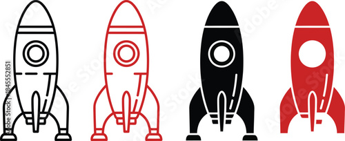Four stylized rocket ship in black red and outline styles spaceship space