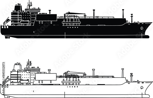 Side View Illustration Showing LNG Carrier Ship in Silhouette and Line Art Style