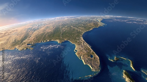 Florida's coastline and Gulf of Mexico from space, with notable colors of blue and green, and structures like the Everglades National Park.