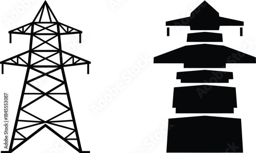 Two Electricity Pylon Designs One Outline and One Solid Silhouette Illustration Style