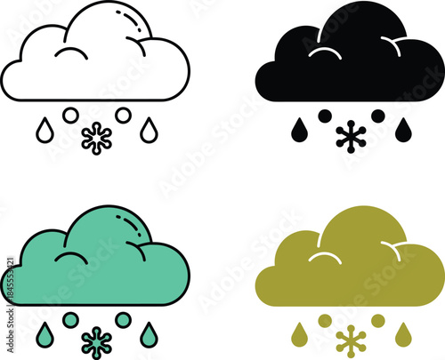 Four weather showing clouds with rain and snow in black white teal and gold weather cloud rain