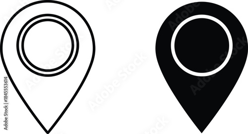 Two Isolated Map Location Icons, One in Black Outline and One Solid Black Fill