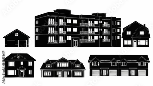 Collection of Diverse Residential and Commercial Building Silhouettes.