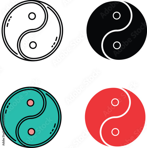 Four Yin Yang Symbols in Different Color Variations black and white blue