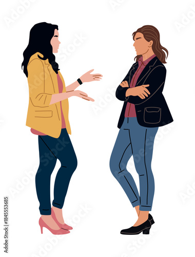 Two women in business casual attire having a professional conversation. Flat minimalist illustration isolated on transparent background.