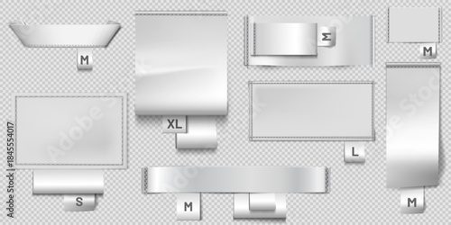 White different textile label sewn vector set, vector realistic cloth fabric tag with size, cotton or silk badge mockup