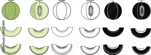 Green and black watermelon slices with seeds in various stages of cutting and cross-section views