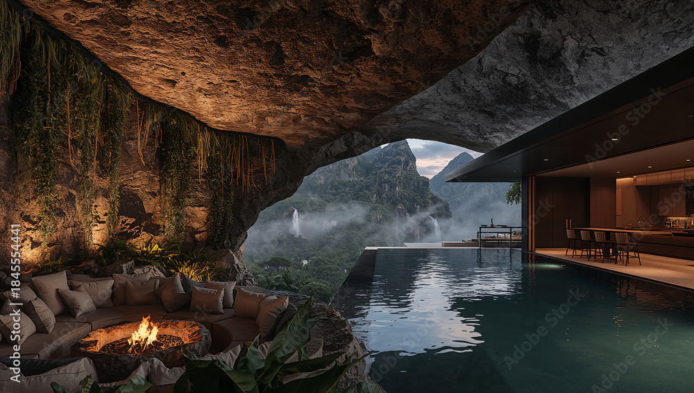Fototapeta premium Luxurious cave dwelling with infinity pool and stunning waterfall views at dusk