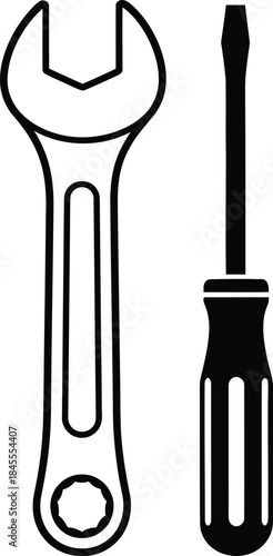 Wrench and Screwdriver Black and White Illustration, Simple Line Art Tools, Repair Icon