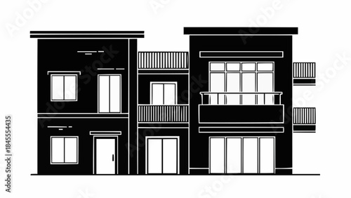 Modern Black and White Architectural Drawing of a Multi-Story Residential Building.