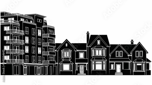 Modern Apartment Building Next to Traditional Houses.