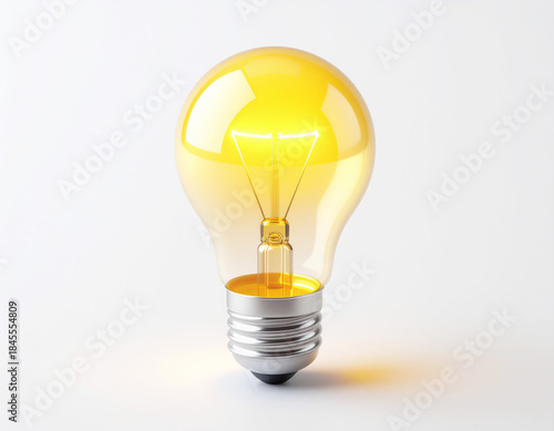 Lit incandescent light bulb with glowing filament and metallic base on a light gray background, symbolizing ideas, innovation, illumination, creativity, and energy.