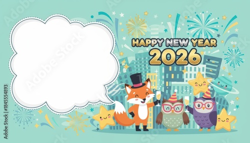 New year celebration 2026 city skyline festive animation colorful environment whimsical viewpoint joyful concept for seo impact