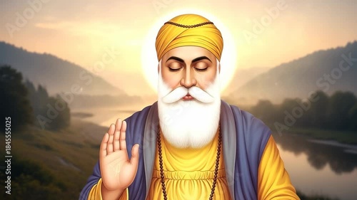 A revered male adult spiritual leader, guru nanak dev ji, meditates with closed eyes in a serene natural setting. His hand is raised in a gesture of spiritual blessing and peace