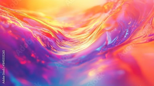 Fluid iridescent surface showing vibrant energy and dynamic flow with captivating waves and soft light reflections, forming a modern abstract background for various design concepts