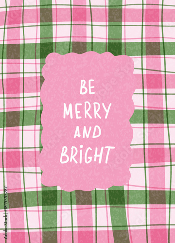 Christmas greeting card, poster, cover, invitation in trendy hand drawn style. Modern Xmas design with doodle festive checkered background, frame and typography. Vector template