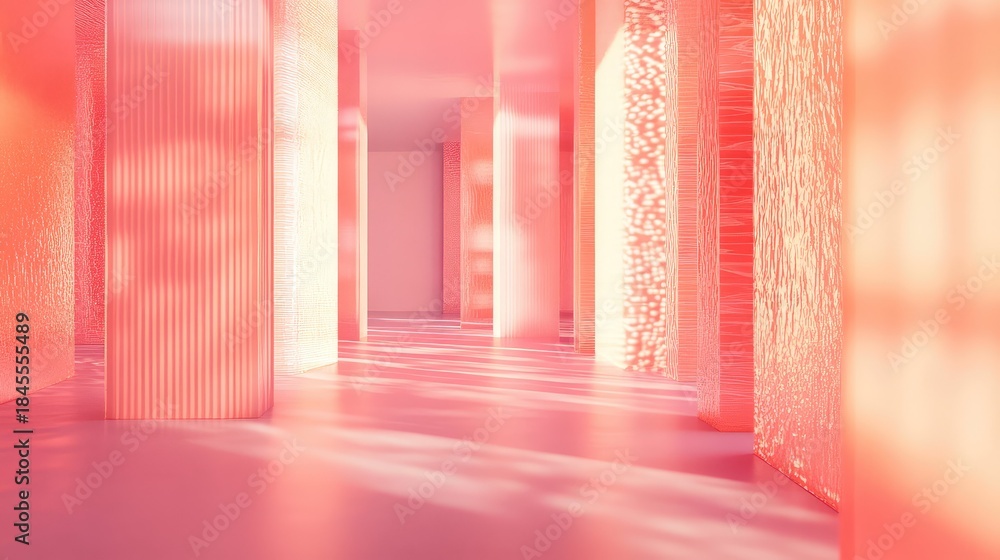 Naklejka premium Abstract interior featuring a long corridor with textured columns and soft light reflecting on the polished pink floor, creating subtle patterns and an ethereal atmosphere