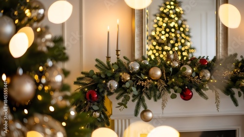 Traditional Christmas tree with candles and ornaments, cozy Scandinavian holiday interior, warm evening light
