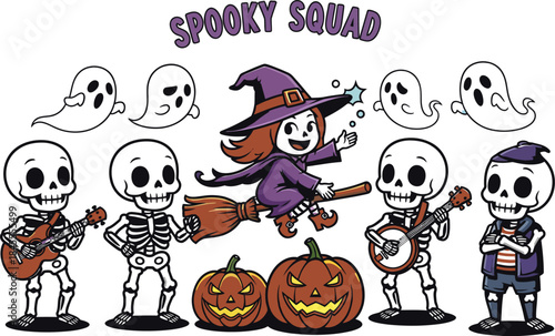 Halloween-themed of a witch flying on a broomstick with four skeleton musicians and three ghosts