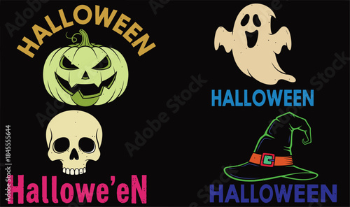 Halloween-themed with jack-o-lantern ghost skull and witch hat on black background