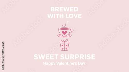 Valentine's day card with pink background and heart shaped coffee cup on saucer and gift box