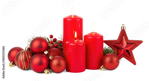 Three red candles with lit flames and Christmas ornaments on a white background.