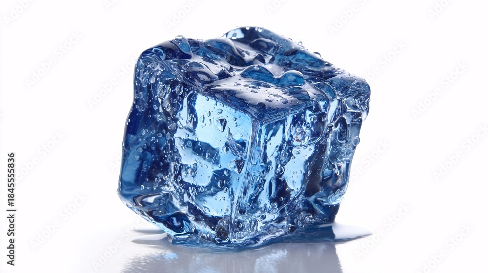 Obraz premium shot of a single, ice-cold cube of frozen yogurt (froyo), showing condensation and sharp edges. It symbolizes a refreshing, delicious and healthy food alternative, isolated on a bright white 