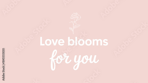 Pale pink background with single hand drawn rose and love blooms typography