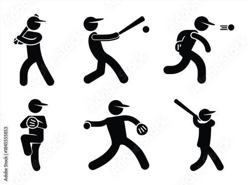 Baseball Player Action Icon Set Showing Hitting Throwing Running and Catching Silhouettes