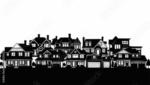 Suburban Neighborhood Silhouette of Diverse Residential Houses.