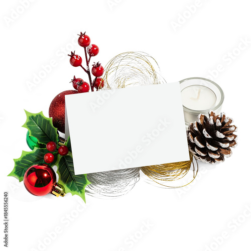 Christmas decorations with a white card in the center.