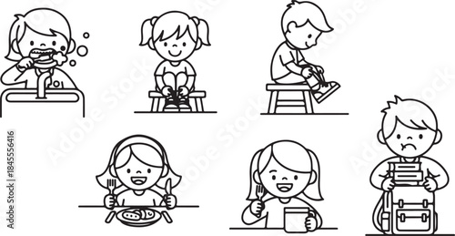 Cute Line Art Illustration of Children Engaging in Daily Learning Activities Chores and Creative Play at Home and School