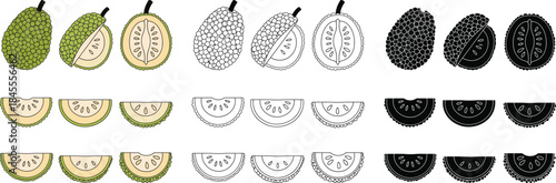 Of green and black star fruit and watermelon slices in various stages of ripeness