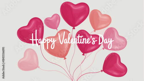 Seven heart shaped balloons in various shades of pink and red floating on white background for valentine's day