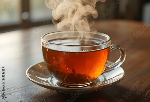 Freshly Brewed Hot Tea in a Glass Cup with Steam Rising