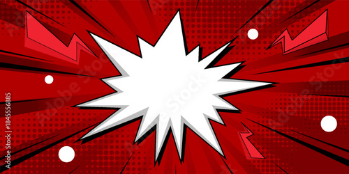 Redpop art comic explosion background with blank white speech bubble, lightning bolts, and halftone dots in dynamic comic book style. Perfect for banners, posters, ads, speech text, promotions.