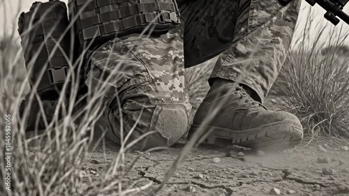 Close up of a soldiers legs in camouflage uniform and tactical boots kneeling on cracked dry earth with grass in foreground, black and white