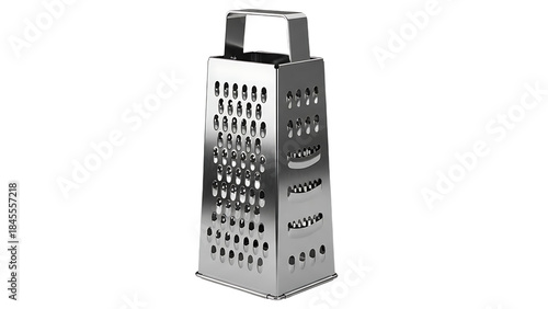 Stainless steel box grater with handle a kitchen utensil for grating cheese and vegetables isolated on a white background