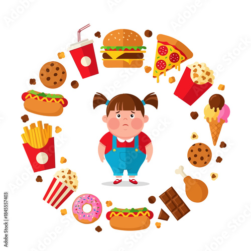A girl surrounded by unhealthy junk food items in a circular arrangement
