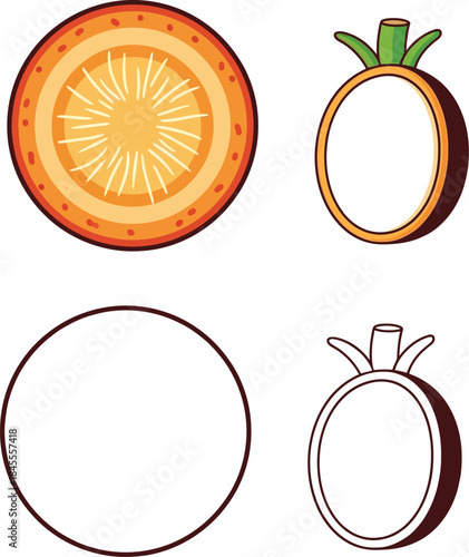 Orange and lychee fruit cut in half with seeds and flesh visible in style