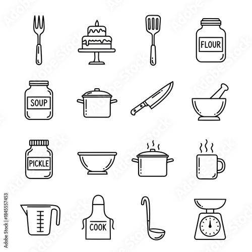 Set of cooking utensils and ingredients illustrated in a minimalist black and white line art style